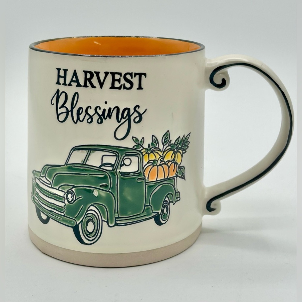 Harvest Blessings Farmhouse Truck Pumpkin Coffee Mug Ivory Orange 14 oz New